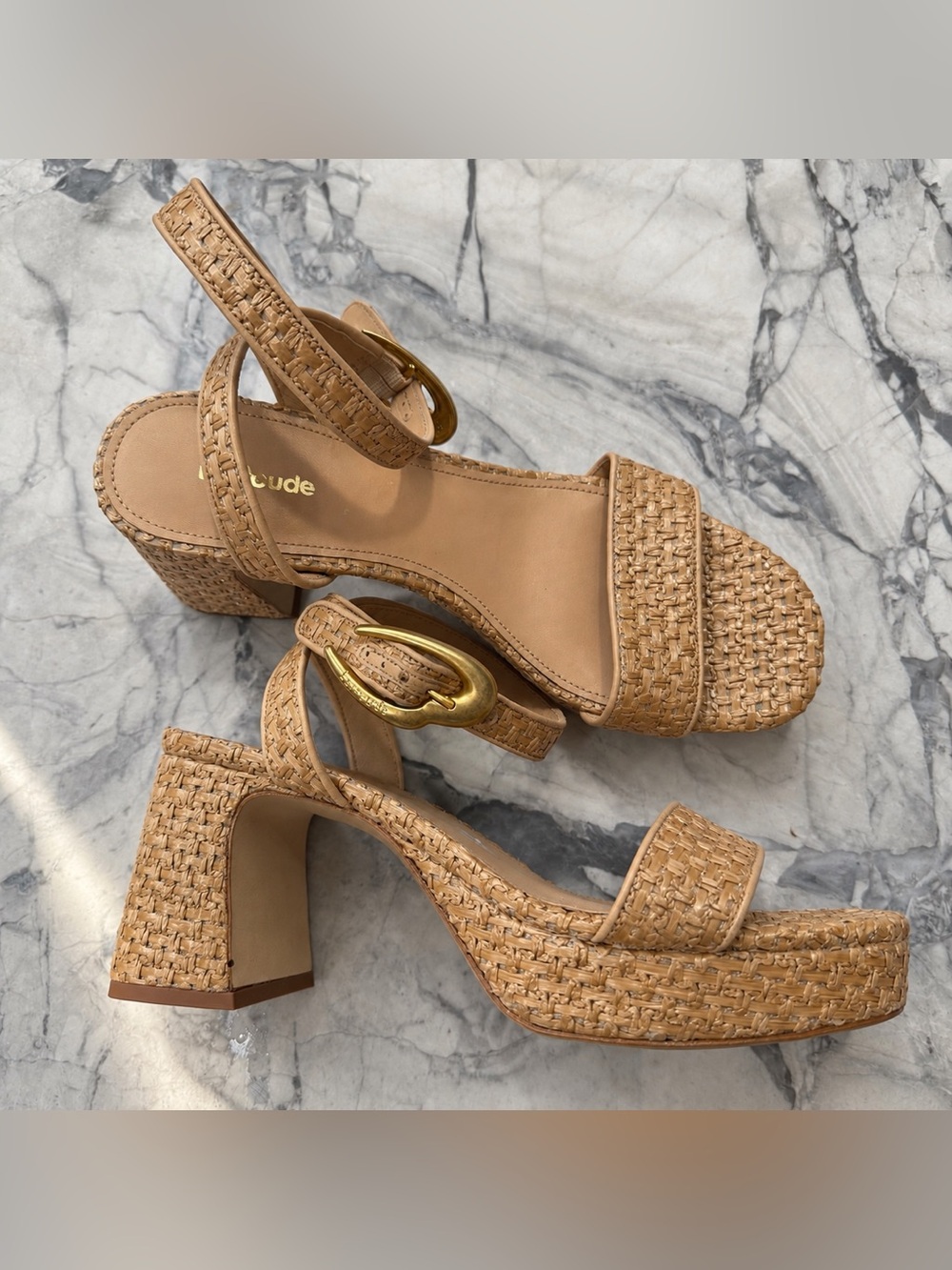 NEW Larroude Verona Block Sandal In Beige Leather and Natural Raffia - Size 8